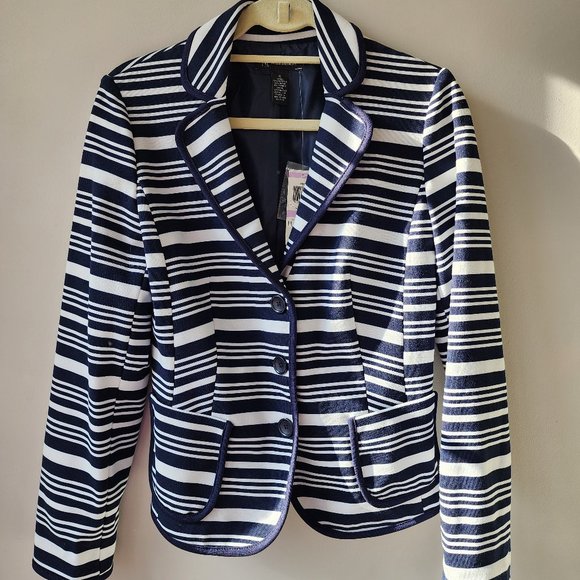 I.N.C. Stretch Blazer | Size 6 | Navy White Stripes Pockets Single Breast NWT - Picture 1 of 7